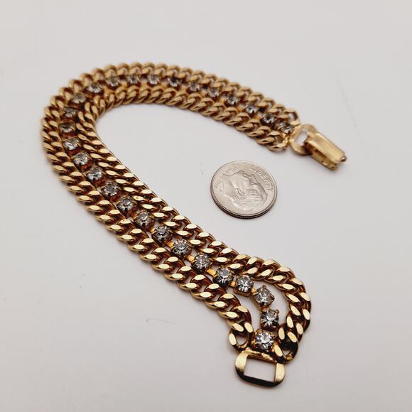 Vintage Wide Three Strand Gold Tone Bracelet - 7 1/4 Inches, Curb Rhinestones - Picture 7 of 10